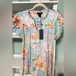 NWT SZ L Rachel Roy Floral Blouse - Blue and Peach